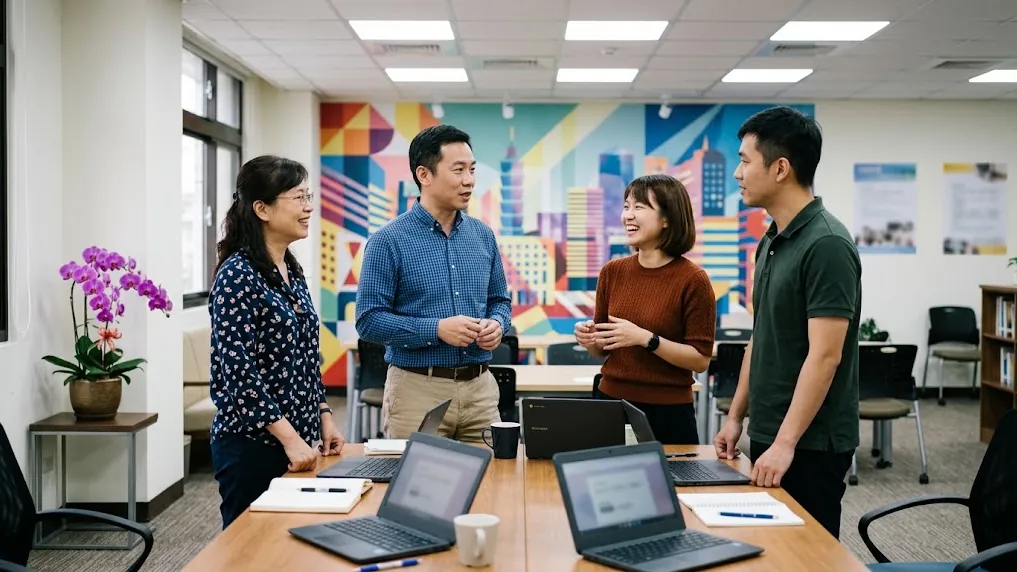 示意圖:教育科技顧問團隊在明亮的教師研習中心討論,桌上排放筆電